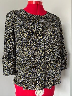 Anthropologie Navy Floral Button-Front Blouse with Yellow Accents